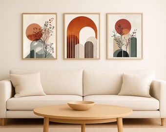 Boho Wall Art Set of 3: Abstract Arch & Botanical Prints (Digital Download