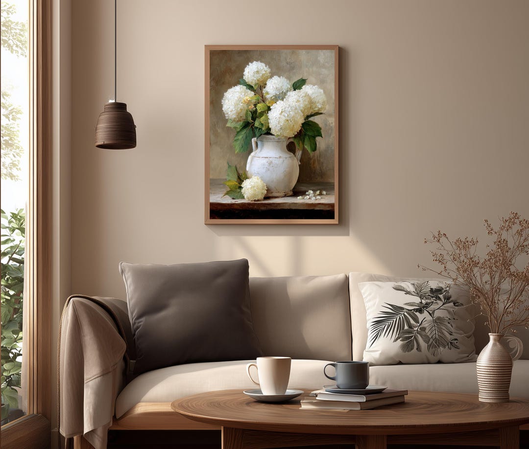 White Hydrangea Floral Wall Art, Vintage Oil Painting Style Bouquet ...