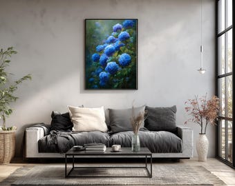 Blue Hydrangea Wall Art, Floral Oil Painting Print, Elegant Botanical Garden Digital Decor