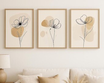 Minimalist Floral Line Art Print Set of 3: Neutral Boho Decor (Digital Download)