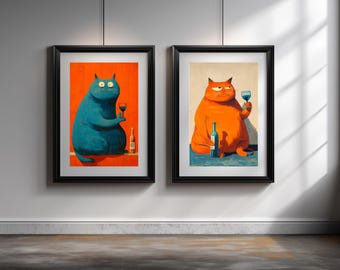 Retro Cat with Wine Art Prints, Funny Bar Decor (Digital Download)