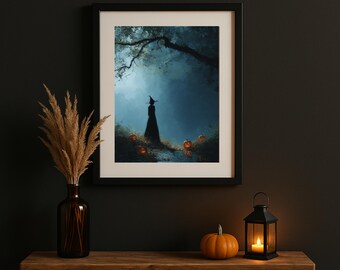 月明かりの魔女の壁アート、ゴシックハロウィンプリント、デジタルダウンロード