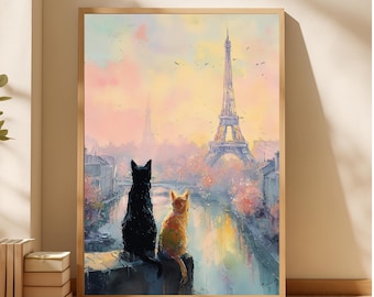 Paris Cat Art Print, Eiffel Tower Wall Art, Romantic Watercolor Digital Download