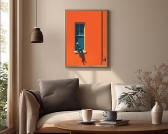 May include: A framed art print depicts a person sitting in a window. The artwork features a vibrant orange wall with a blue window frame. The person is dressed in blue, reading a book. The print is displayed above a sofa.
