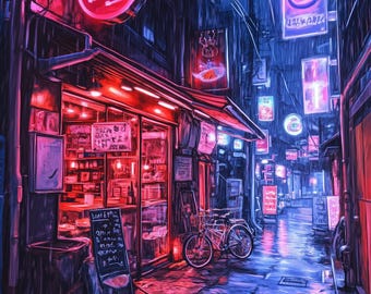 Impression Cyberpunk Tokyo Ramen Shop : scène de rue japonaise néon (téléchargement numérique)