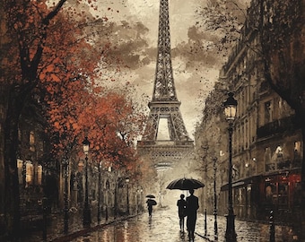 Eiffel Tower Rainy Paris Street Scene: Vintage Oil Painting Style (Digital Download
