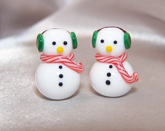 Handmade Lampwork Glass Bead Stylish Earmuff Snowmen by Cara