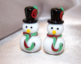 Handmade Lampwork Glass Bead TopHatted Snowmen by Cara