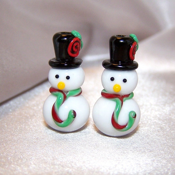 Handmade Lampwork Glass Bead TopHatted Snowmen by Cara