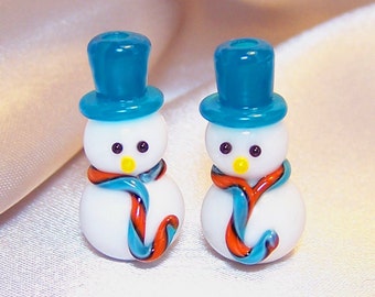 Handmade Lampwork Glass Bead TopHatted Snowmen Beads by Cara