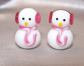 Handmade Lampwork Stylish Earmuff Snowmen Beads by Cara