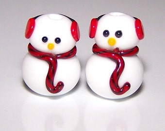 Handmade Lampwork Glass Bead Earmuff  Snowmen Friends by Cara