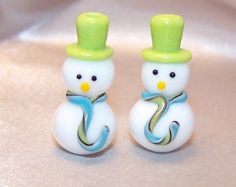 Handmade Lampwork Pair of TopHatted Snowmen by Cara