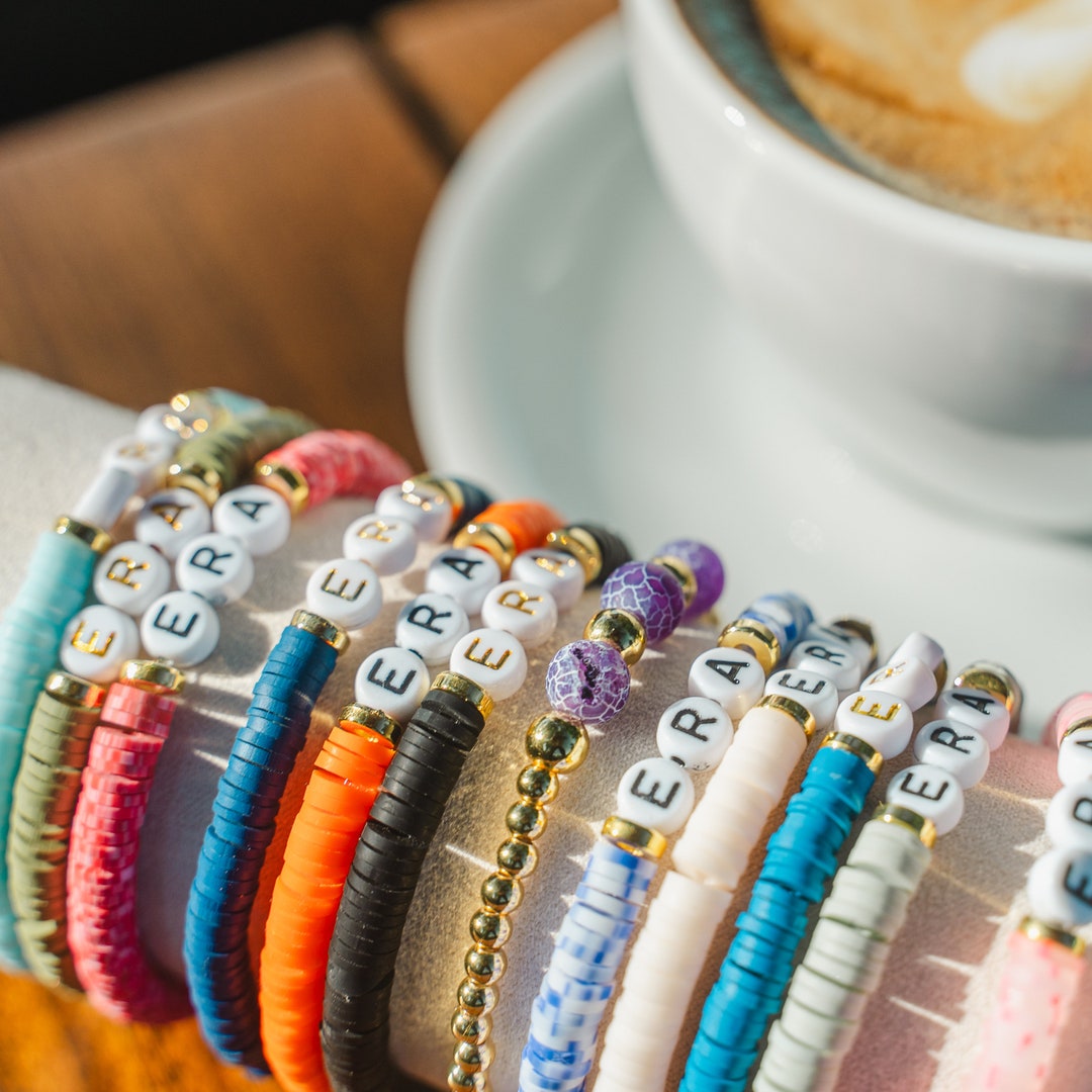 Personalized Heishi Beaded Name Bracelet: Custom Clay Disc Bracelet - Etsy