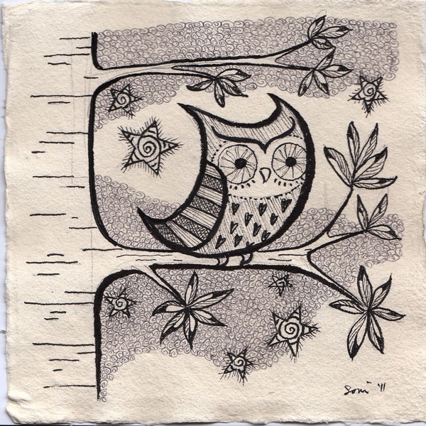 Owl, orginal black ink drawing 15 cm x 15 cm