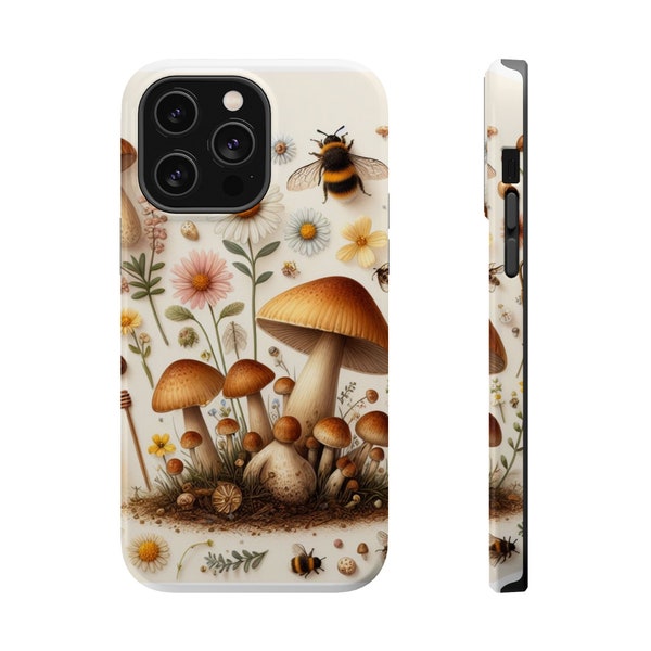 MagSafe Tough Cases Gift for iPhone 13 14 15 Cottagecore Printed with Wild Flowers, Bees and Wild Mushrooms Phone Case for iPhone