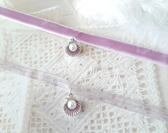 Pinkish-purple Velvet lace Pearl And Shell collar necklace handmade Jewelry Custom Plus Size Choker