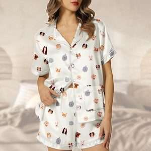 Dog Lover Satin Pajamas, Cute Dog Pajamas Set, Cartoon Puppy Silk Pajamas, Funny Dog Bride Pajamas, Dog Pajamas Women, Bridal Pajamas