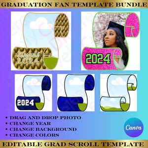 May include: Editable graduation scroll fan template bundle with a customizable photo, year, background, and colors. The template features a scroll design with a graduation cap and the year 2024. The text "Canva" is visible in the bottom right corner.