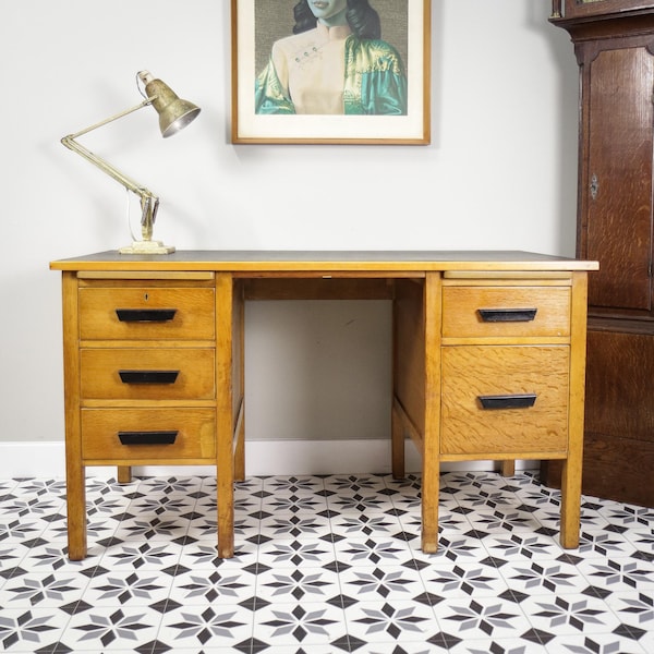 Oak and Oak Faced Mid Century Twin Pedestal Desk with Black Leatherette Top