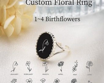 Custom Birth Month Flower Ring, Personalized Floral Ring, Engraved Birthflower Ring, Dainty Ring Jewelry, Gift for Women, Birthday Gift