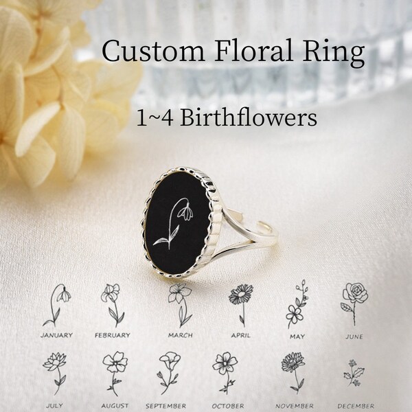 Custom Birth Month Flower Ring, Personalized Floral Ring, Engraved Birthflower Ring, Dainty Ring Jewelry, Gift for Women, Birthday Gift