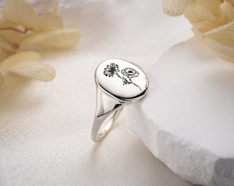 Bague fleur personnalisée naissance multiple, bague florale, bague fleur gravée, chevalière personnalisée, cadeau pour maman, meilleur cadeau pour femme