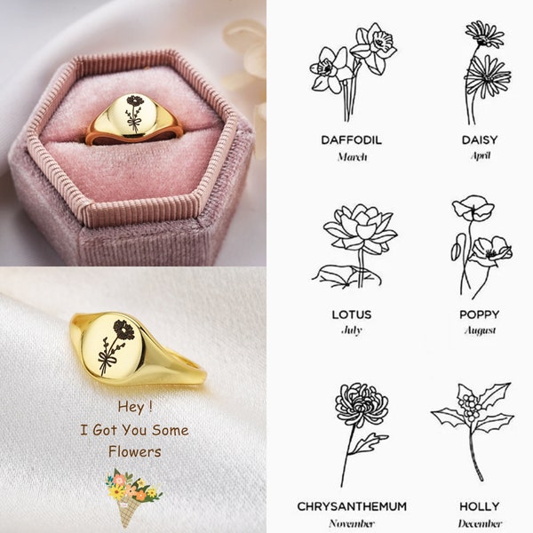 Engrave Birth Flower Ring, Floral Signet Ring, Personalized Ring, Dainty Flower Ring, Gift for Mom Grandma, Wedding Anniversary Gift