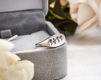 Engraved Birth Month Flower Ring, Personalized 1~4 Family Floral Ring, Mother's Ring, Sterling Silver Ring, Mother's Day Gift, Birthday Gift