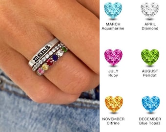 1~7 Birthstones Mama Name Ring Set, Personalized Birthstone Ring for Mother, Mothers Ring with Birthstones,Stackable Ring, Mother's Day Gift