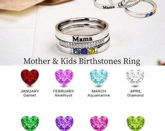 Anillo personalizado de piedras de nacimiento para madres e hijos, anillo de piedras de nacimiento grabado de 1 a 7, anillo de piedra de nacimiento delicado, anillo apilable para madres, anillo para nuevas mamás