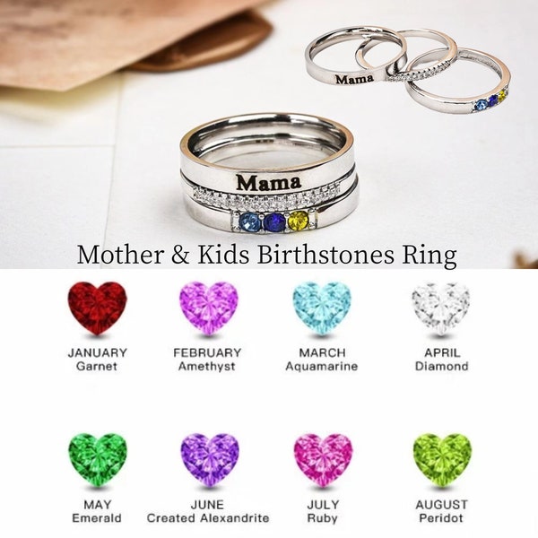 Personalized Mother & Kids Birthstones Ring, Engrave 1-7 Birthstones Ring, Dainty Birthstone Ring, Mothers Stackable Ring, New Mom Ring