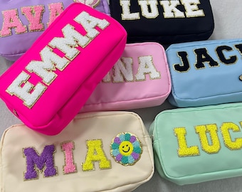 Custom Makeup Pouch, makeup bags with Patch Chenille Letter, Name Cosmetic bag, personalized gift for her, Bridesmaid Gift