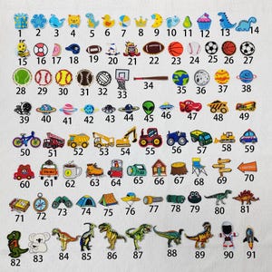 May include: A collection of colorful charms with various designs, including sports balls, vehicles, animals, and food items. The charms are numbered from 1 to 91, offering a wide variety of decorative options.