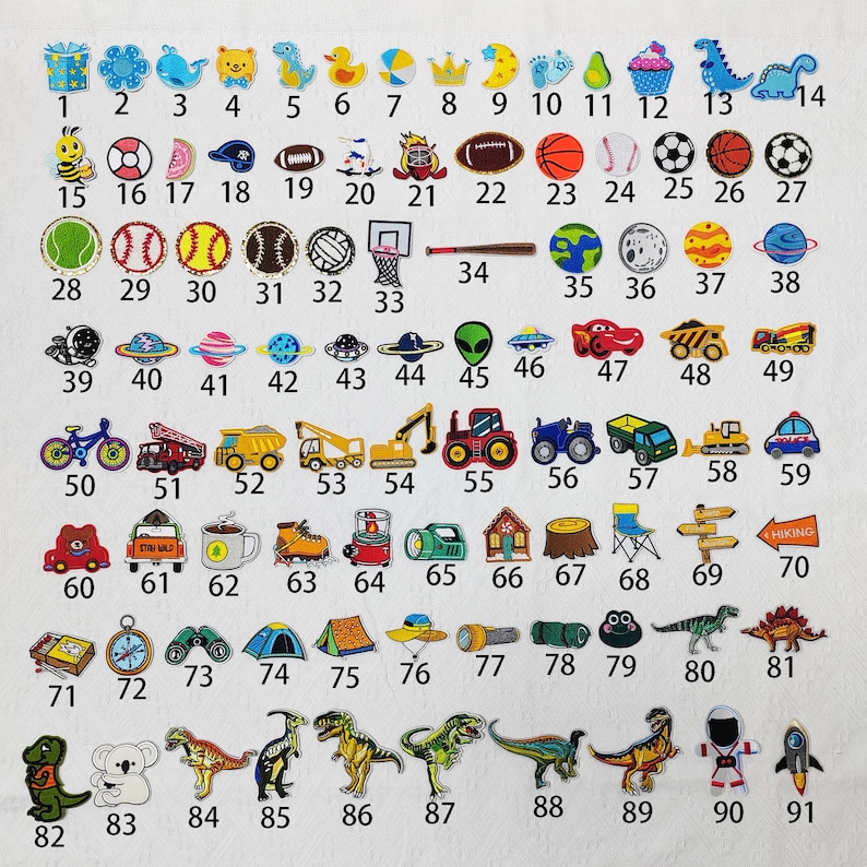 May include: A collection of colorful charms with various designs, including sports balls, vehicles, animals, and food items. The charms are numbered from 1 to 91, offering a wide variety of decorative options.
