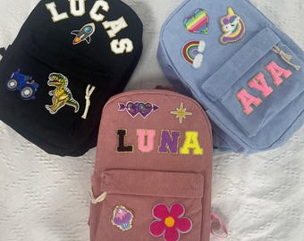 Custom Name Corduroy Backpack, Personalized Chenille Letter Name Patch School Bag, Birthday Gift For Kids and Toddlers Gift