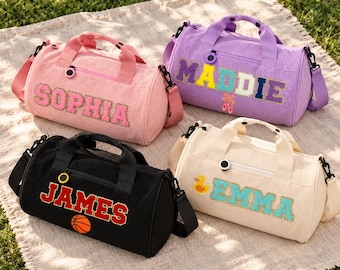 Custom Name Corduroy Kids Duffel Bag with Chenille Letters, Mini Sports and Overnight Travel Bag for Boys and Girls