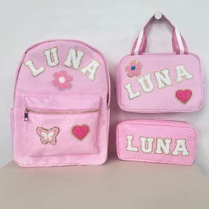 Sac à dos en nylon personnalisé, sac à lunch et trousse, sacs à patch en chenille personnalisés, sacs de rentrée pour enfants, cadeau d'anniversaire