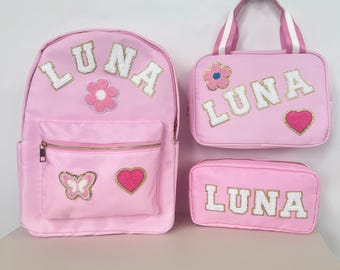 Custom Nylon Backpack and Lunch Bag and Pencil Case, Personalized Chenille Patch Bags, Kid Back to School Bags,  Birthday Gift