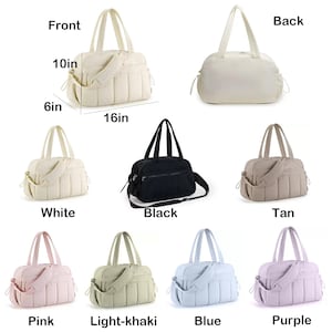 May include: A collection of quilted tote bags in various colors, including white, black, tan, pink, light-khaki, blue, and purple. Each bag has a top handle and a detachable shoulder strap. The front of the white bag is 10 inches high, 6 inches wide, and 16 inches long.