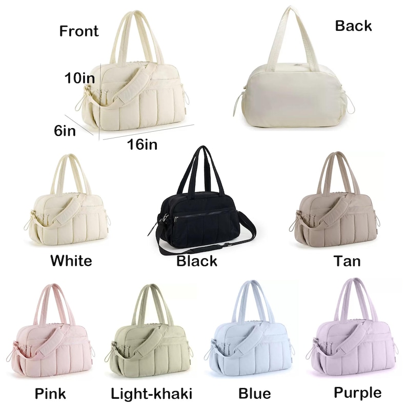 May include: A collection of quilted tote bags in various colors, including white, black, tan, pink, light-khaki, blue, and purple. Each bag has a top handle and a detachable shoulder strap. The front of the white bag is 10 inches high, 6 inches wide, and 16 inches long.