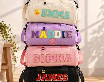 Personalized Kids Corduroy Duffel Bag with Chenille Name Patches, Custom Dance and Sports Bag, Mini Travel Bag for Boys and Girls