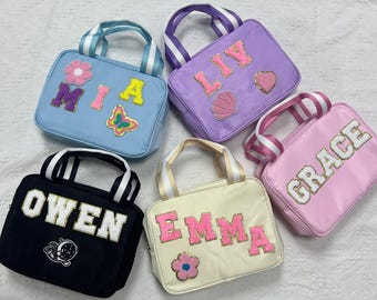 Custom Name Nylon Lunch Bag, Personalized Chenille Letter Name Patch Lunch Bag, Birthday Gift For Kids and Toddlers Gift