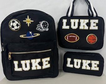 Custom Nylon Backpack and Lunch Bag and Pencil Case, Personalized Chenille Patch Bags, Kid Back to School Bags,  Birthday Gift