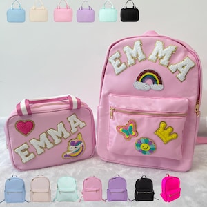 Sac à dos et sac à lunch en nylon personnalisés avec lettre et écusson en chenille, sacs de rentrée personnalisés pour enfants, cadeau d'anniversaire pour enfants