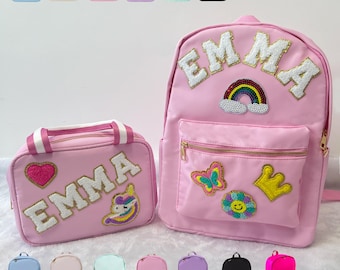 Custom Nylon Backpack and Lunch Bag with Chenille Letter and Patch, Personalized Back to School Bags For Kids, Birthday Gift for Kids