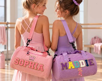 Personalized Corduroy Dance Bag with Chenille Name Patches, Kids Ballet Duffel with Shoulder Strap, Birthday Gift for Girls