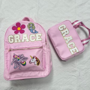Sac à dos et sac à lunch en nylon personnalisés avec lettre et écusson en chenille, sacs de rentrée personnalisés pour enfants, cadeau d'anniversaire pour enfants