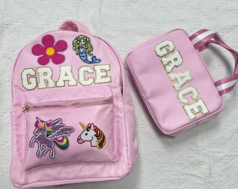 Custom Nylon Backpack and Lunch Bag with Chenille Letter and Patch, Personalized Back to School Bags For Kids, Birthday Gift for Kids