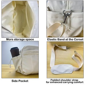 May include: Cream-colored tote bag with multiple compartments, including a side pocket and interior storage. Features a padded shoulder strap for comfort and an elastic band detail. The bag is designed for enhanced carrying.